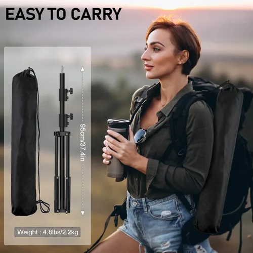Miniatura 7 de Soporte de luz para fotografía, 110 pulgadas/9.2 pies/110.2 in, trípode plegable inversa portátil con bolsa de viaje de aluminio resistente