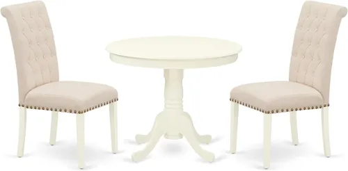 East West Furniture ANBR3-LWH-02 Juego de mesa de comedor de 3 piezas contiene una mesa de comedor redonda con pedestal y 2 sillas tapizadas de tela