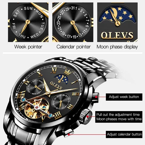Miniatura 7 de OLEVS - Reloj mecánico automático Tourbillon Slef-Wind lujoso de acero inoxidable resistente al agua luminoso y con fecha