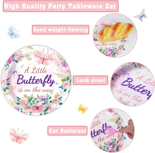 Miniatura 4 de 96 piezas de suministros para fiesta de baby shower con mariposas, una pequeña mariposa está en camino, platos de papel, servilletas, decoración