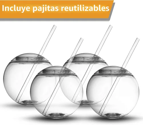 Miniatura 8 de Copas reutilizables con forma de pecera/esfera, 4 unidades (22 onzas), diseño único y divertido, base plana, con 4 popotes incluidos, ideales
