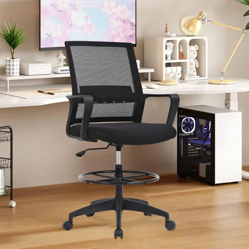 Miniatura 2 de BestOffice Silla de dibujo alta silla de oficina ajustable giratoria de malla con soporte lumbar, brazos reposapiés, respaldo medio para adultos