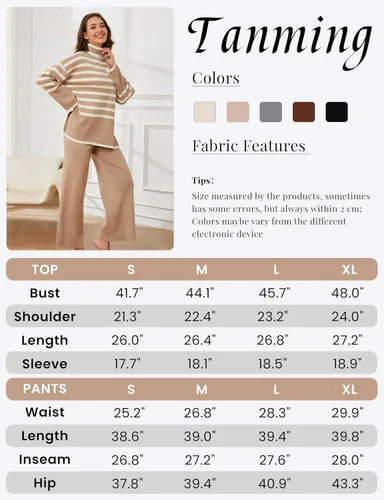 Miniatura 6 de Tanming Conjuntos de suéter para mujer, manga larga, a rayas, informal, de punto, pantalones de pierna ancha