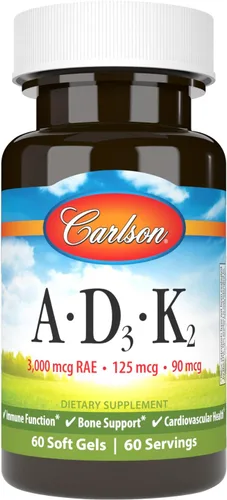 Carlson - Vitaminas A, D3, K2, 3000 mcg RAE Vitamina A, 125 mcg de Vitamina D3, 90 mcg de Vitamina K2 como MK-7, Construcción de Huesos, Utilización