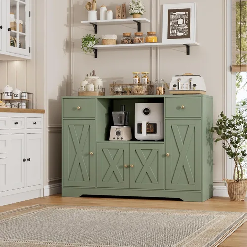 Miniatura 4 de HOSTACK Armario de microondas con estación de carga, armario de almacenamiento de cocina de 47 pulgadas de ancho con soporte para microondas, Verde