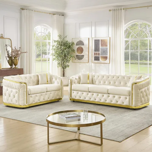 Miniatura 8 de Sofá Chesterfield de 62.6 pulgadas, moderno de mediados de siglo, sofá de terciopelo blanco beige y dorado, sofás de lujo para sala de estar