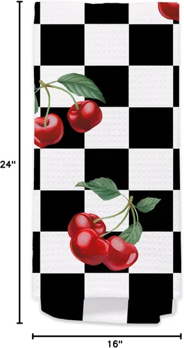 Miniatura 8 de Toallas de mano de cereza para cocina y baño – Toallas de té decorativas retro a cuadros en blanco y negro, accesorios de decoración de cocina