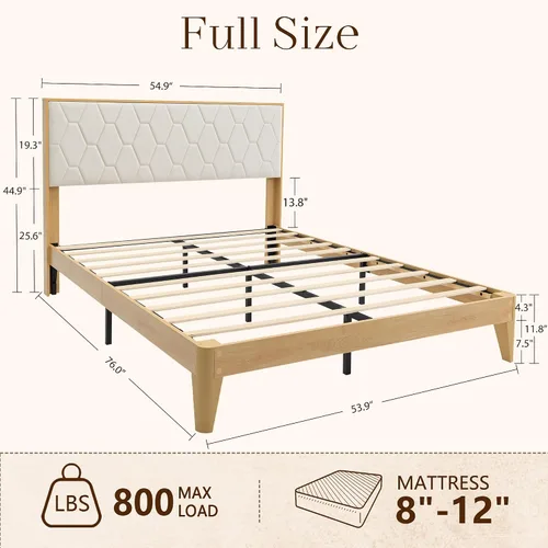 Miniatura 2 de Brafab Marco de cama de tamaño matrimonial, marco de cama de madera con cabecera de terciopelo capitoné de diamante, plataforma de madera