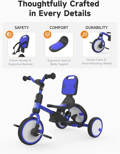Miniatura 4 de besrey Triciclo para niños pequeños con rueda de repuesto, bicicleta para niños de 1 a 3 años, triciclo 5 en 1 para niños con asa de empuje