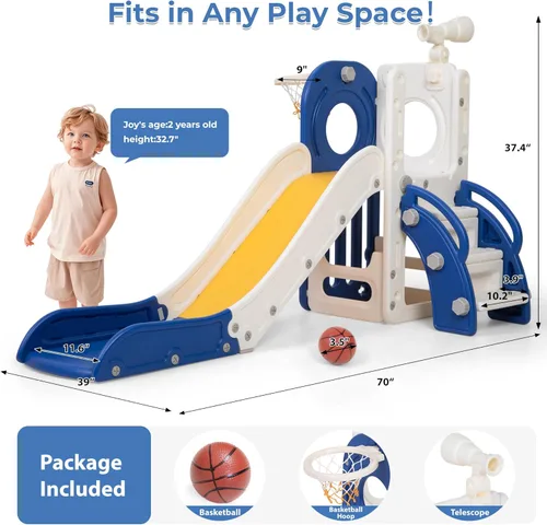 Miniatura 7 de NYEEKOY Tobogán 6 en 1 para niños pequeños de 1 a 3 años, toboganes independientes para niños con aro de baloncesto, telescopio, almacenamiento