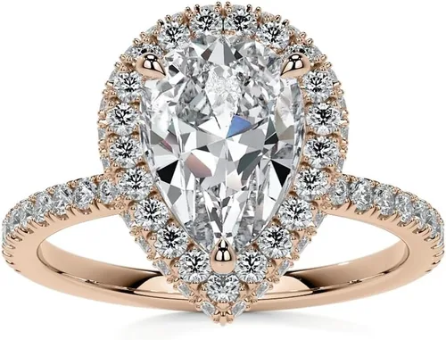 Miniatura 5 de Anillo de compromiso de diamantes con halo superior y lateral de corte de pera blanca de 2.75 quilates con certificación IGI en oro rosa amarillo