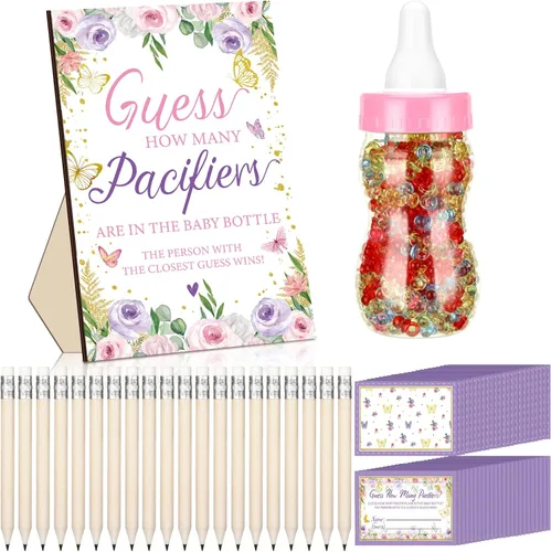 Miniatura 8 de Syhood Greenery Baby Shower Games Guess How Many Pacifiers Sage Game Signal, 50 pequeños juegos de adivinanzas, 20 lápices HB, botella de leche
