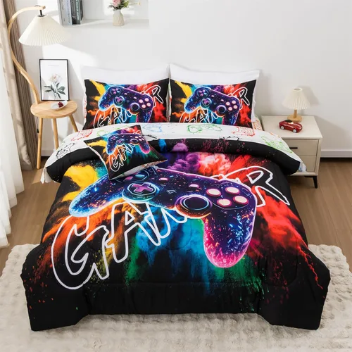 Miniatura 16 de Aimuan - Juego de ropa de cama para jugadores, conjuntos de edredón 3D con mando de juego para niños, botones de acción, controlador de juego Negro