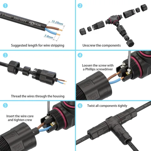 Miniatura 6 de AOHUA Caja de conexiones 3 vías M23 3-Pin conector impermeable, 500V/35A, conector de cable eléctrico en forma de T IP68 para cable de Ø10-0.591 in