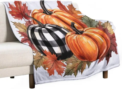 Miniatura 28 de Manta de lana cuadriculada con diseño de calabaza, hojas de arce, Acción de Gracias, manta de cama para otoño, Acción de Gracias, ligera, súper