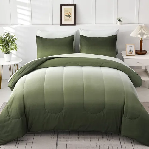 Juego de edredón de 7 piezas color verde oliva para cama King - Juego de cama ligero con gradiente de color verde oscuro en una bolsa, juego de cama