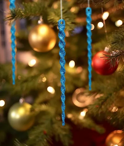 Miniatura 6 de AMS Adornos de carámbanos de plástico con purpurina brillante, 30 piezas de carámbanos torcidos, decoración para árbol de Navidad y colgar en Azul