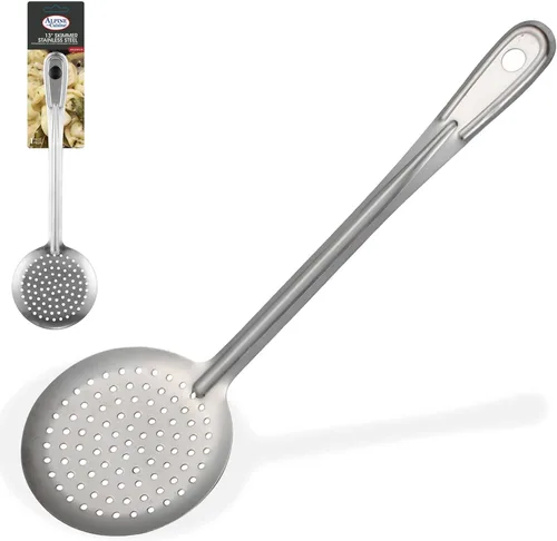 Alpine Cuisine Cuchara desnatadora de acero inoxidable de 13 pulgadas, a prueba de óxido, formación integral, cuchara de espumadera duradera con