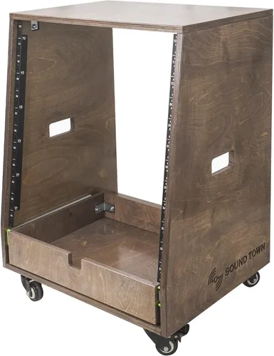 Miniatura 4 de Sound Town Estante inclinado de madera contrachapada de abedul báltico macizo de 12U con espacio de estante de 12U, cajón extra de 2U, patas