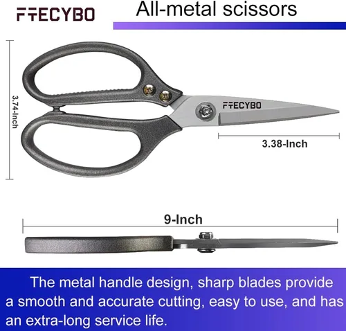Miniatura 6 de Tijeras de alta resistencia de 9 pulgadas, multiusos, tijeras de cuero, cuchillas de acero inoxidable reforzadas con asas de metal para el hogar