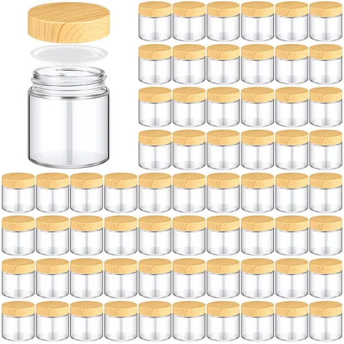 Miniatura 9 de Norme 120 tarros de vidrio de 4 onzas con tapas, recipientes de vidrio vacíos con tapas de grano de madera y revestimientos interiores