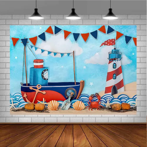 Miniatura 3 de Fondos de fotografía náutica de verano para vacaciones, velero, faro para niños, decoración de fondo de cumpleaños para niños, fiesta temática