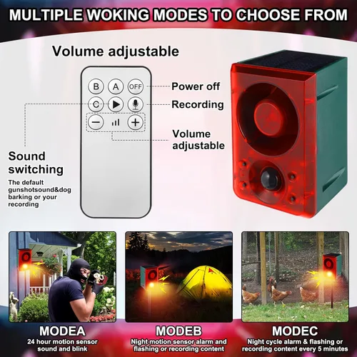 Miniatura 4 de Qualirey Alarma solar con sensor de movimiento para exteriores con sonido de disparo de estaca, 3 modos de grabación y volumen ajustable, carga USB