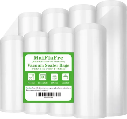 Paquete de 8 rollos de bolsas selladoras al vacío de 8 x 20 pies (4 rollos) y 11 x 20 pies (4 rollos) sin bisfenol A (BPA), resistente. Rollos de