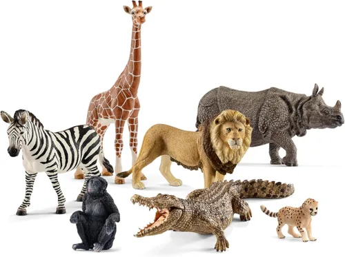 Schleich Wild Life - Paquete de 7 juguetes de animales de sabana - Juego de juguetes de safari con rinoceronte, cocodrilo, cachorro de guepardo,