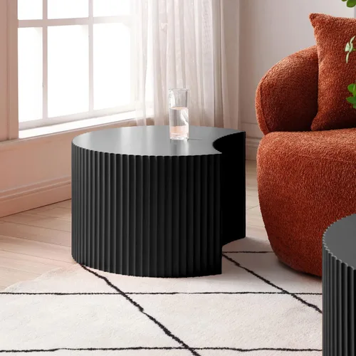 Miniatura 5 de Juego de 2 mesas de centro redondas negras de 55.12 pulgadas, mesa lateral moderna para sala de estar, diseño contemporáneo de círculo de madera