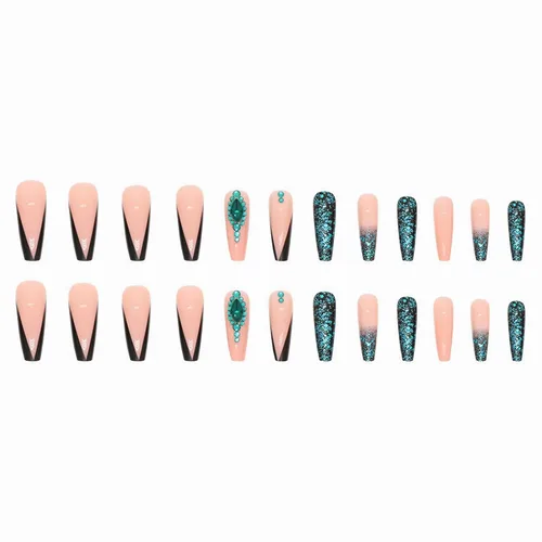 Miniatura 2 de MISUD Uñas postizas a presión – Uñas postizas largas con punta francesa negra, diseño de diamantes de imitación verde acrílico, 24 piezas 01702verde