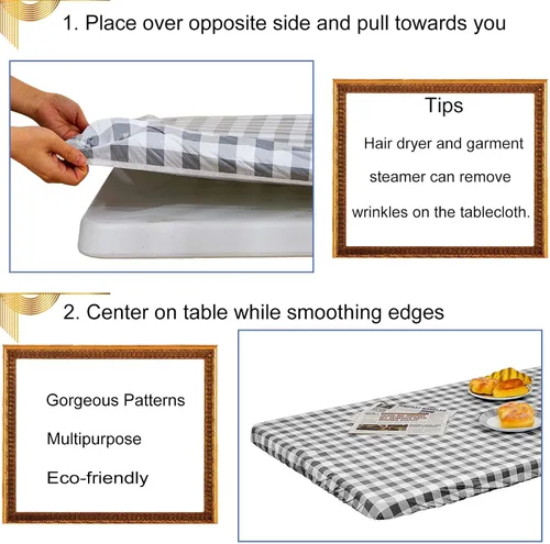 Miniatura 5 de Zhenrui Mantel rectangular elástico ajustable de 6 pies, impermeable, a prueba de derrames, de vinilo, estampado a cuadros grises con franela