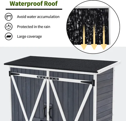 Miniatura 6 de MCombo Cobertizo de almacenamiento al aire libre con estantes, cobertizo de jardín de madera con piso, cobertizo de herramientas exterior con 2 Gris