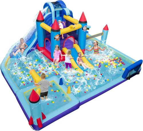 Miniatura 11 de HONEY JOY Tobogán acuático inflable, casa de rebote de agua gigante 8 en 1, parque de toboganes acuáticos con piscina de salpicaduras, gateo