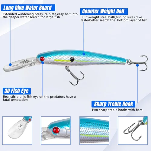 Miniatura 2 de Señuelos de pesca, cebos duros, crankbait minnow, 10 piezas de buceo profundo con gancho fuerte agudos 3D ojos realistas señuelos de pesca