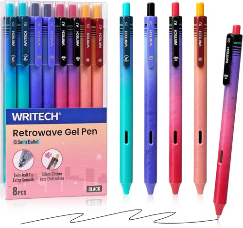 Miniatura 13 de WRITECH Bolígrafos de gel de punta fina: 0.5mm, 4 unidades, bolígrafo retráctil con clic, tinta negra, color estético degradado, cañón suave