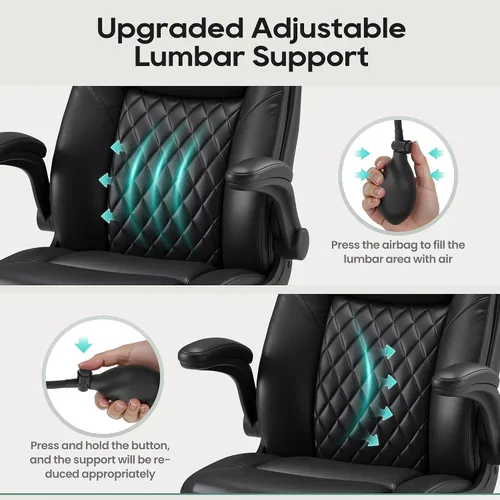 Miniatura 4 de MALOL Silla de oficina de cuero, silla de escritorio para computadora con soporte lumbar ajustable, cojín grueso, brazos abatibles y respaldo Negro