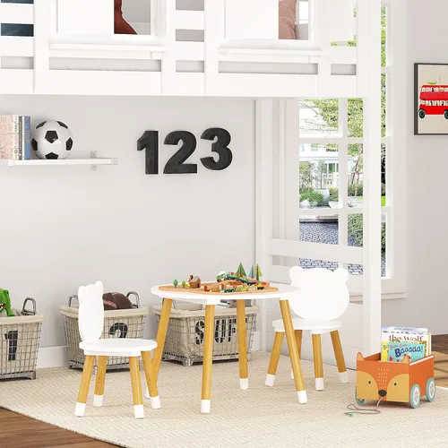Miniatura 6 de UTEX Juego de mesa y silla de madera para niños, mesa de juego para niños con 2 sillas, mesa redonda de madera de 3 piezas para niños pequeños