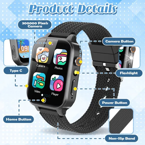 Miniatura 6 de Tywop Reloj inteligente para niños y niñas de 3 a 12 años con 26 juegos de rompecabezas, cámara de video HD, pantalla táctil, reproductor de música