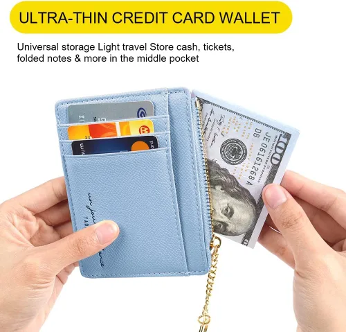Miniatura 85 de URAQT Cartera para tarjetas de crédito, cartera minimalista de cuero delgado con cremallera, mini protector de tarjeta de crédito, llavero bolsillo