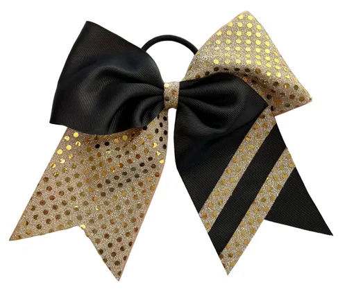 Nuevo "CONFETTI STRIPES Black Gold" Cheer Bow Pony Tail 7 Inch Girls Hair Bows Cheerleading Dance Practice Football Games Competition Birthday Tick
