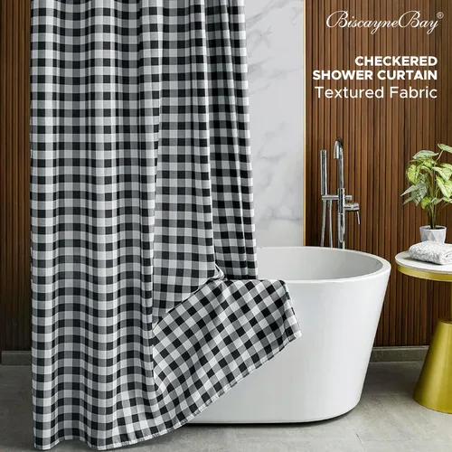 Miniatura 2 de Biscaynebay - Cortinas de ducha de tela texturizada 72" X 72", cortinas de baño de estilo granja modernas con estampado de cuadros en blanco y Negro