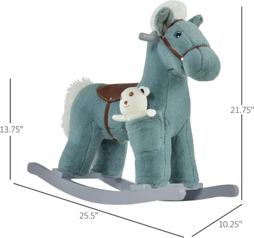 Miniatura 7 de Qaba Caballo mecedor de peluche para niños con juguete de oso, silla para niños con juguete de felpa suave y divertidos sonidos realistas, azul