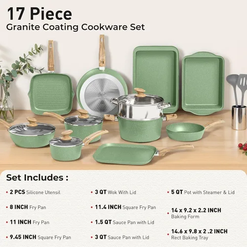 Miniatura 2 de Juego de 17 piezas de ollas y sartenes antiadherentes, juegos de utensilios de cocina de granito antiadherentes de inducción para la cocina, Verde