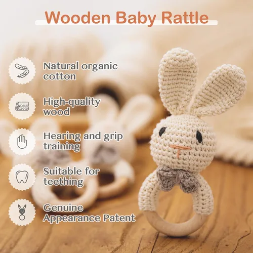 Miniatura 2 de Juguete de madera hecho a mano con sonajero de conejo de Pascua para bebés de 0 a 6 meses, animal de peluche orgánico para recién nacido
