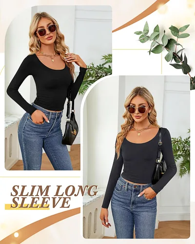 Miniatura 5 de 3 piezas de camisetas cortas básicas de manga larga para mujer, ajustadas, cuello redondo, color liso, casual, para mujer