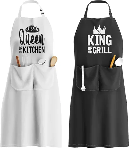 Juego de delantales King & Queen, delantales de cocina a juego para parejas con bolsillos profundos y costuras reforzadas, equipo de cocina