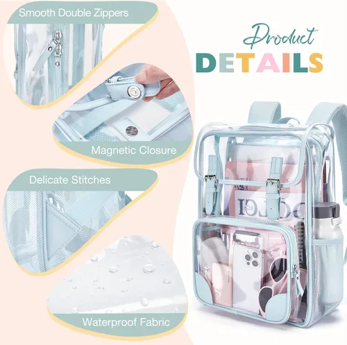 Miniatura 5 de mommore Mochila transparente resistente, grande, transparente, para escuela, PVC, aprobada para estadios, mochila transparente
