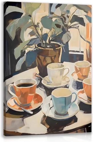 Cyebmo Arte de Pared Retro Enmarcado de Café, Decoración de Pared de Taza de Café y Planta, Pintura en Lienzo de Acuarela de Café, Póster de