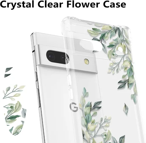 Miniatura 2 de RALEAVO - Funda floral para Google Pixel 7a, funda transparente con hojas y flores, diseño delgado y lindo para niñas y mujeres, cubierta de Verde